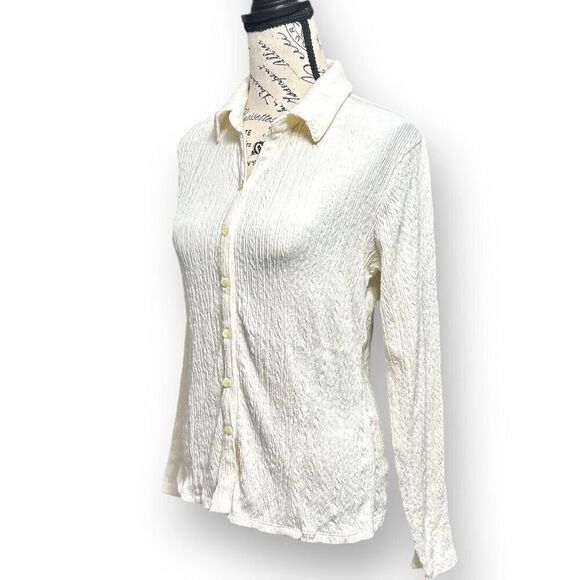 J. Jill S Ivory Stretch Button-Up Blouse Textured Long Sleeve Work Top Office - Picture 4 of 9
